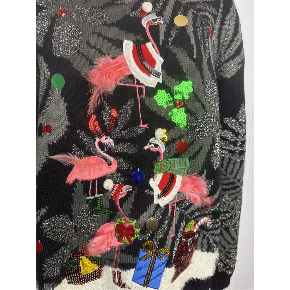 33 Degrees Womens Small Ugly Christmas Sweater Flamingos Sparkle Holiday Party - Picture 2 of 10